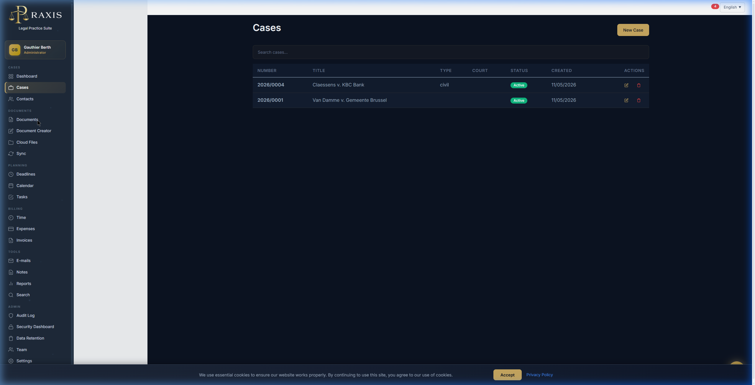 Praxis Case overview with search and status filters