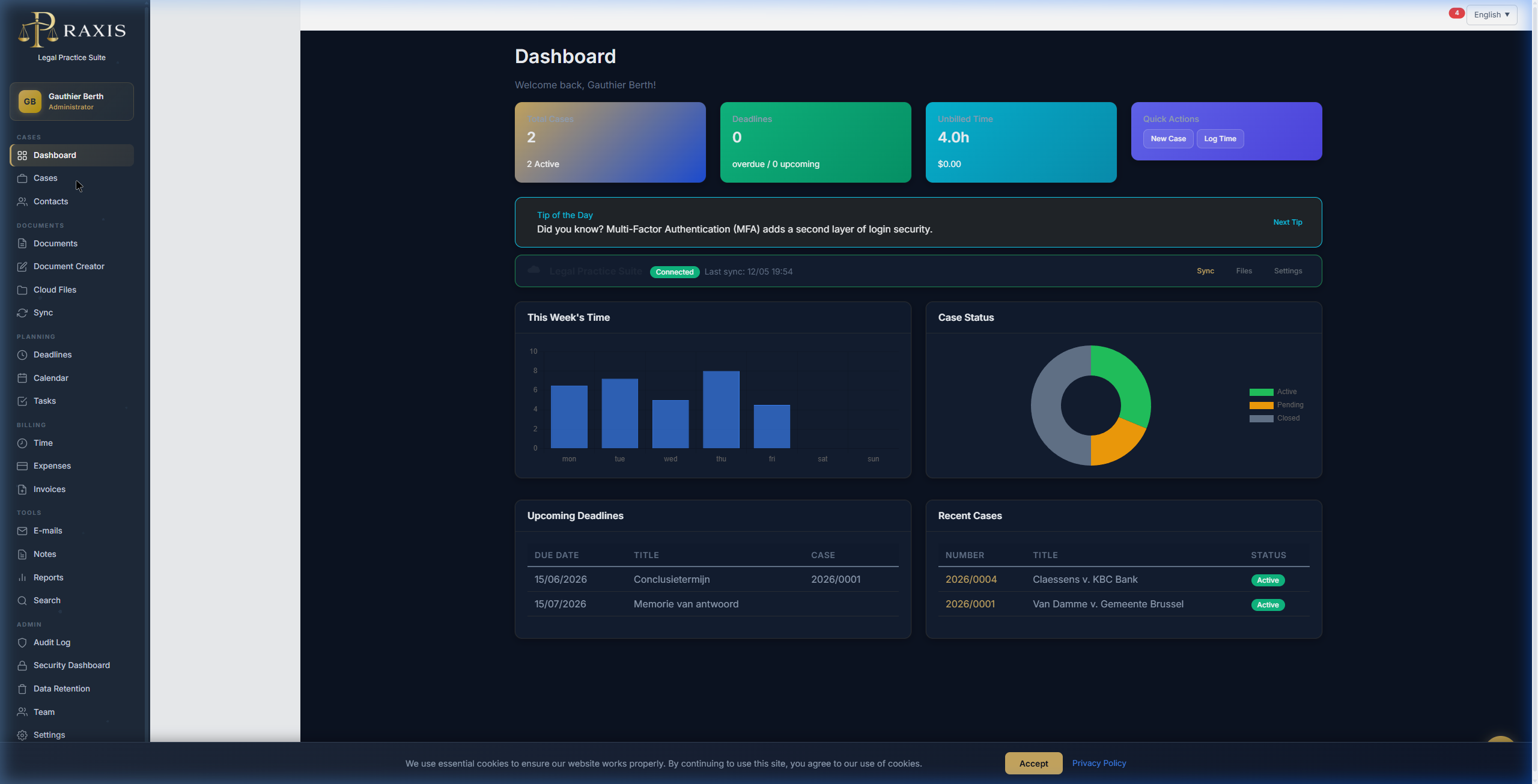 Praxis Dashboard with KPIs, time tracking and recent cases